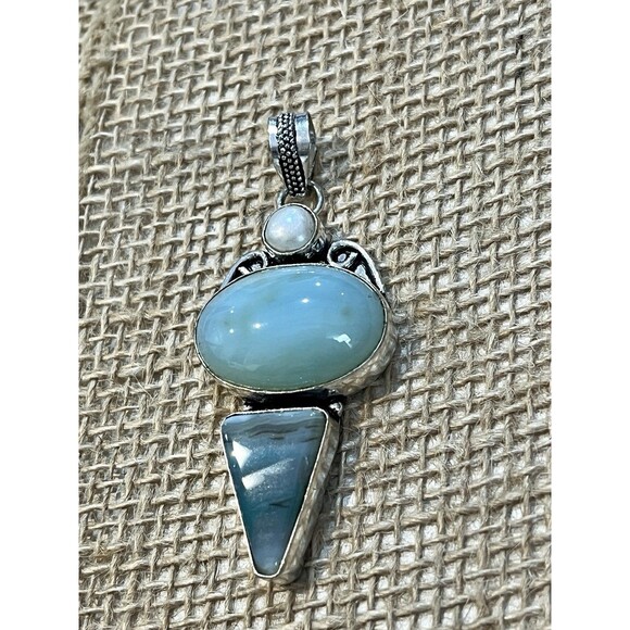 Artisan Signed Larimar & Pearl Sterling Silver Pendant Boho Southwestern - Picture 3 of 10